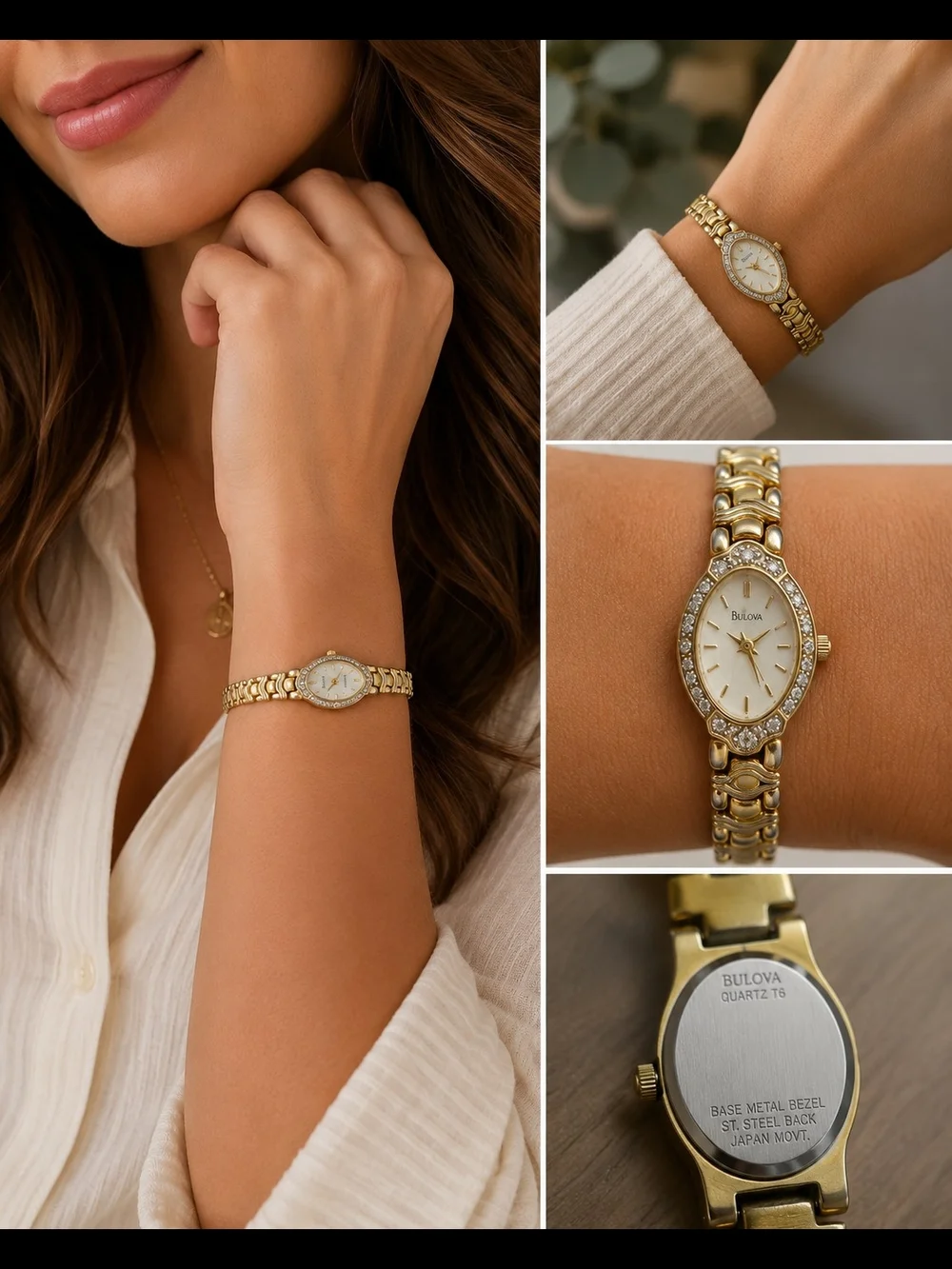 Bulova Vintage Gold Tone Quartz Bracelet Watch Silver X Accent Bezel Pearl Dial
